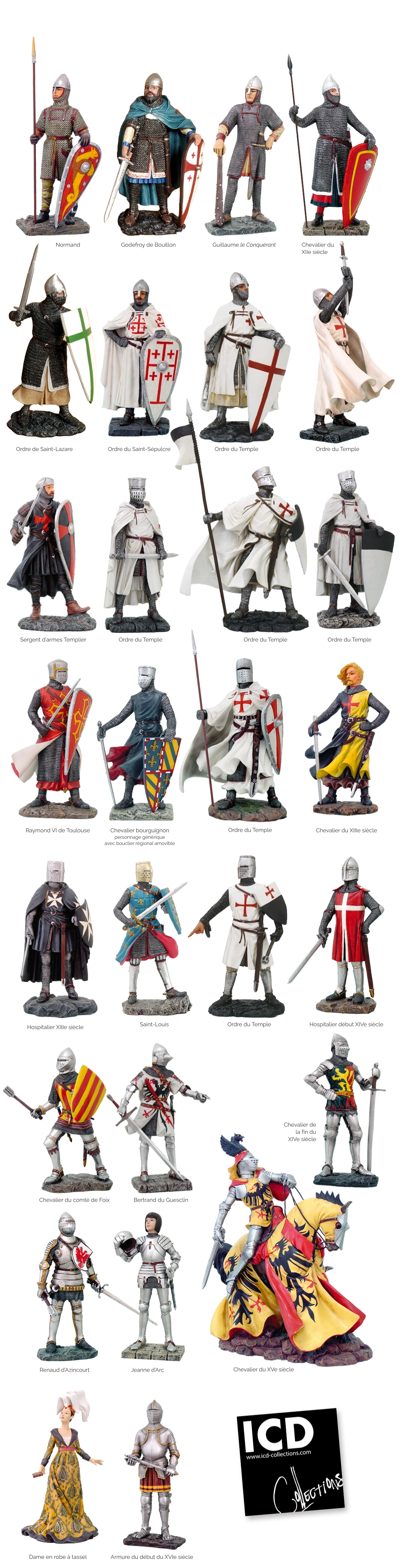 Normand Godefroy de Bouillon Guillaume le Conquérant Chevalier du XIIe siècle Ordre du Temple Ordre du Temple Ordre du Temple Sergent d’armes Templier Ordre du Temple Ordre de Saint-Lazare Ordre du Saint-Sépulcre Ordre du Temple Ordre du Temple Raymond VI de Toulouse Chevalier bourguignon personnage générique avec bouclier régional amovible Chevalier du XIIIe siècle Ordre du Temple Hospitalier XIIIe siècle Hospitalier début XIVe siècle Saint-Louis Chevalier du comté de Foix Bertrand du Guesclin Chevalier de  la fin du  XIVe siècle Renaud d’Azincourt Jeanne d’Arc Chevalier du XVe siècle Dame en robe à tassel Armure du début du XVIe siècle